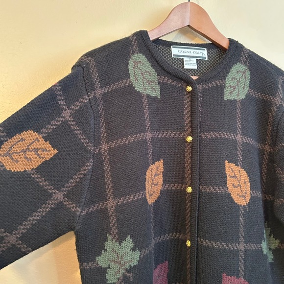 Vintage Fall Leaf Grid Crystal Kobe Oversized Sweater Cardigan Cozycore - Picture 11 of 12
